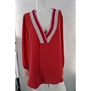 Express Colorblock V-Neck Blouse Coral Red & Pink Career Workwear Tunic Size XL